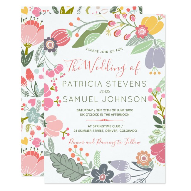 Pastel colorful wildflowers meadow wreath wedding invitation