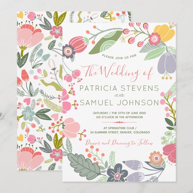 Pastel colorful wildflowers meadow wreath wedding invitation (Front/Back)