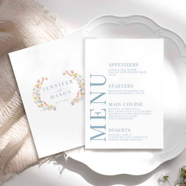 Pastel Colorful Wildflowers Wedding Menu Cards (Creator Uploaded)