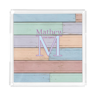 pastel colorful wood rustic monogram est. year nam acrylic tray