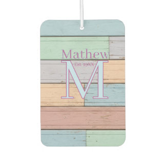 pastel colorful wood rustic monogram est. year nam air freshener
