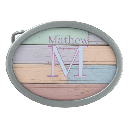 pastel colorful wood rustic monogram est. year nam belt buckle
