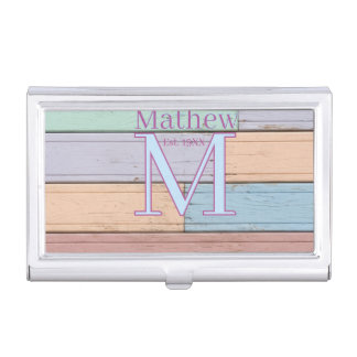 pastel colorful wood rustic monogram est. year nam business card case