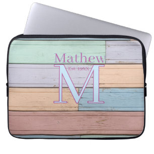 pastel colorful wood rustic monogram est. year nam laptop sleeve