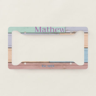 pastel colorful wood rustic monogram est. year nam license plate frame