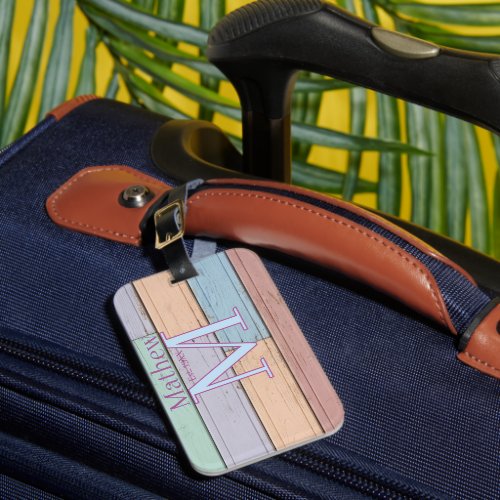 pastel colorful wood rustic monogram est. year nam luggage tag