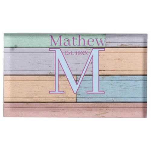 pastel colorful wood rustic monogram est. year nam place card holder