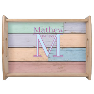 pastel colorful wood rustic monogram est. year nam serving tray