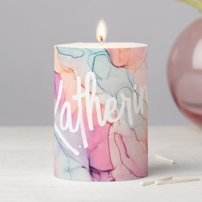 Pastel Colors Alcohol Ink Personalized Pillar Candle (In Situ)