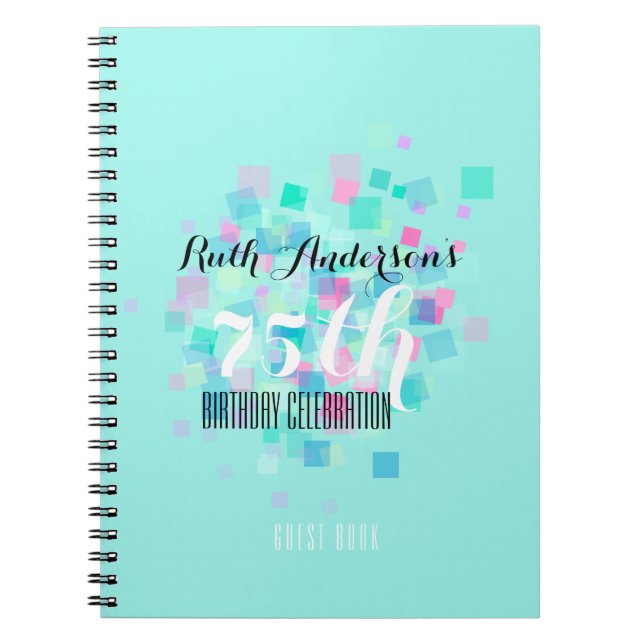 Pastel Colors Aqua 75th Birthday Party Guest Book (Front)