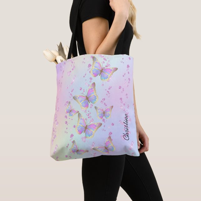 pastel colors butterflies pattern tote bag (Close Up)