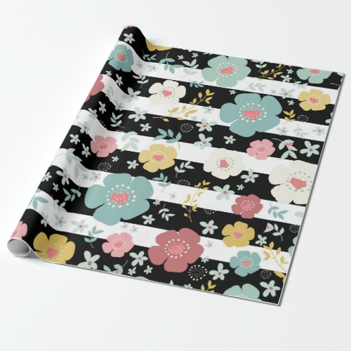Pastel Colors Colorful Flowers  Stripes Pattern Wrapping Paper