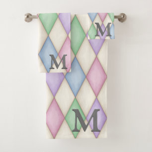 Pastel Colors Harlequin Pattern 3-D Monogram Bath Towel Set