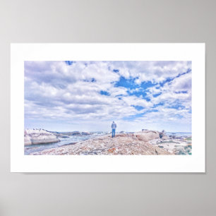 Pastel Colors Man Figure Beach Rocks Cape Poster