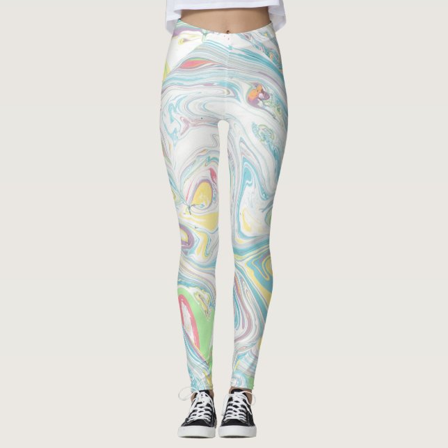 Pastel Colors Marbleized Swirly Background Leggings (Front)