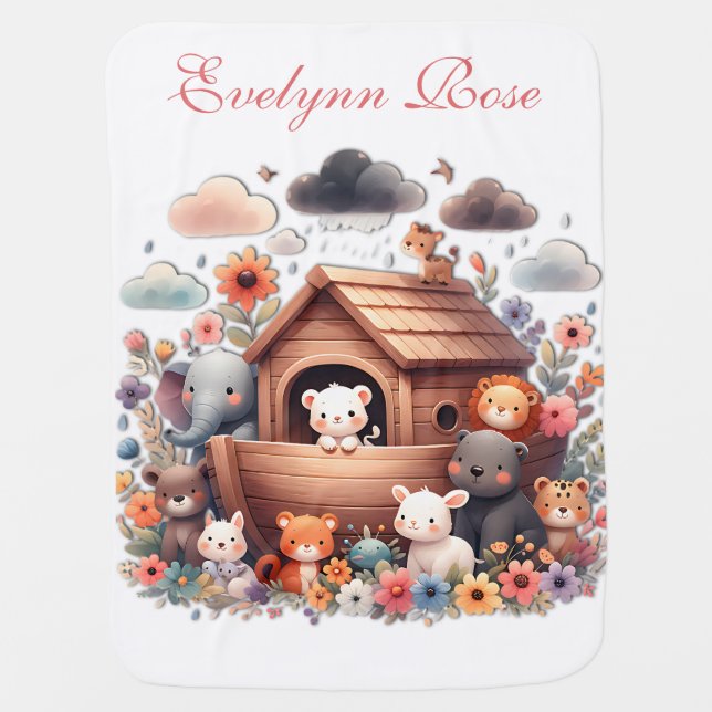 Pastel Colors Noah's Ark Floral Baby Blanket (Front)