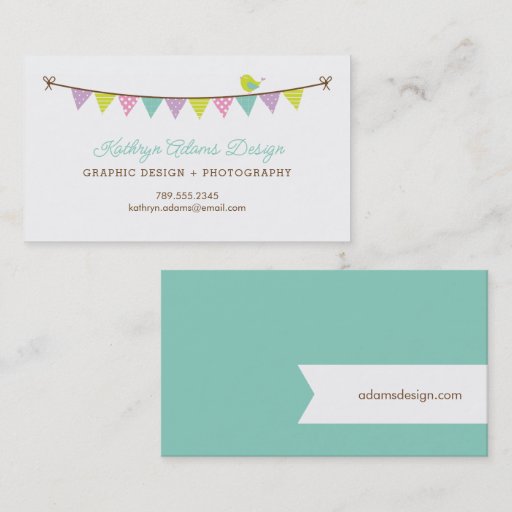 Customizable Pastel Colors Patterned Bunting and Cute Bird Business Card Templates
