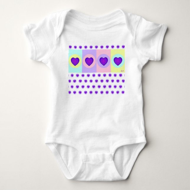 Pastel colors & purple hearts beating baby bodysuit (Front)
