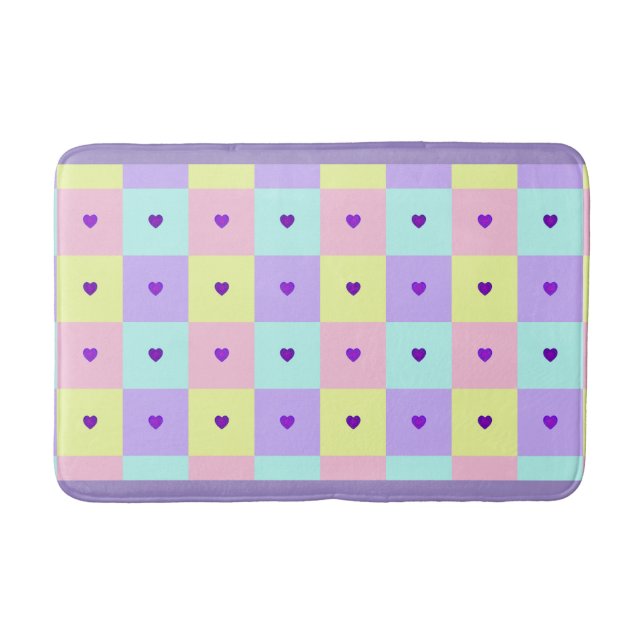 Pastel colors & purple hearts beating bath mat (Front)