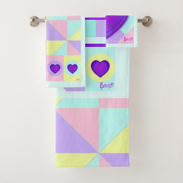Pastel colors & purple hearts beating bath towel set (Insitu)