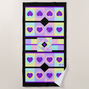 Pastel colors & purple hearts beating beach towel