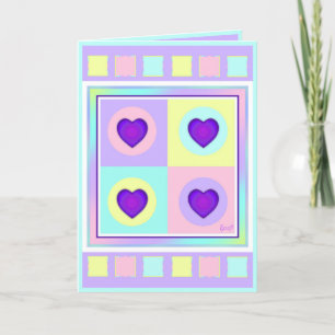 Pastel colors & purple hearts beating blank card