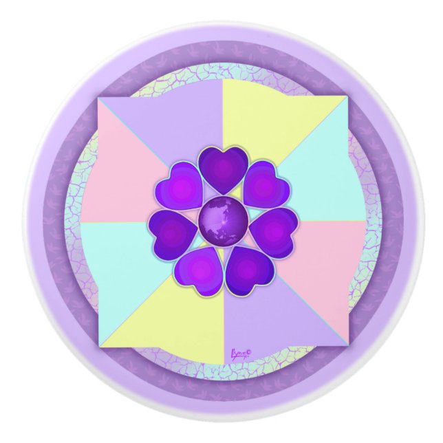 Pastel colors & purple hearts beating ceramic knob (Front)