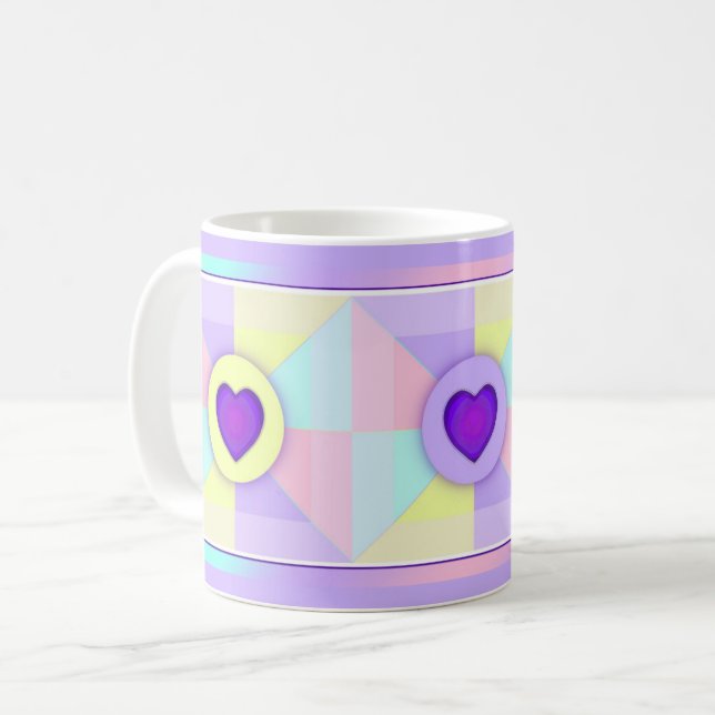 Pastel colors & purple hearts beating coffee mug (Front Left)
