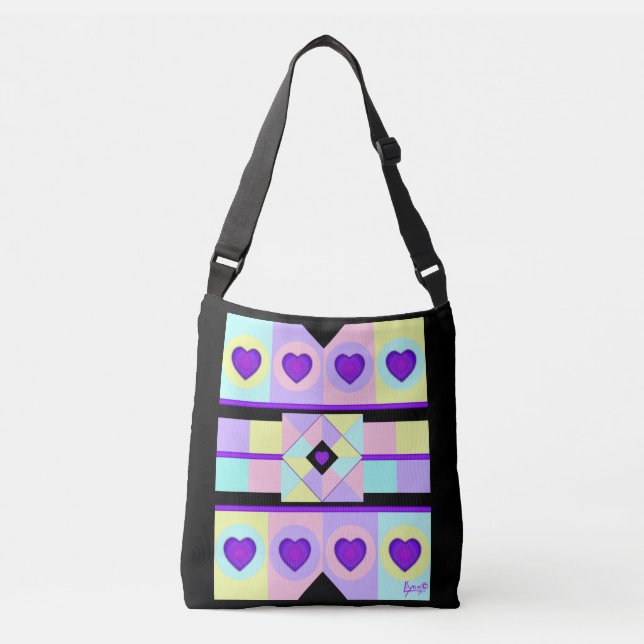 Pastel colors & purple hearts beating crossbody bag (Front)