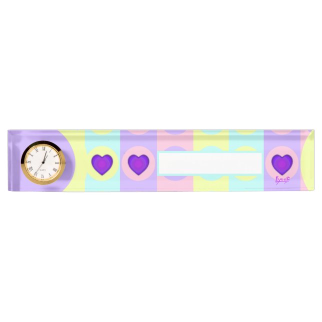 Pastel colors & purple hearts beating desk name plate (Front)