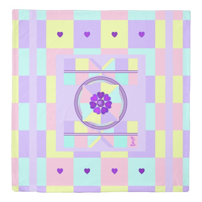 Pastel colors & purple hearts beating duvet cover (Front)