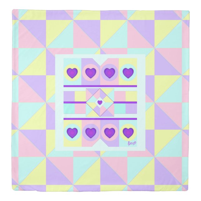 Pastel colors & purple hearts beating duvet cover (Front)