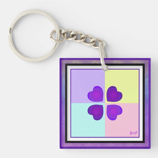 Pastel colors & purple hearts beating keychain (Front)