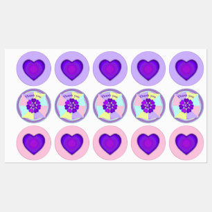 Pastel colors & purple hearts beating labels