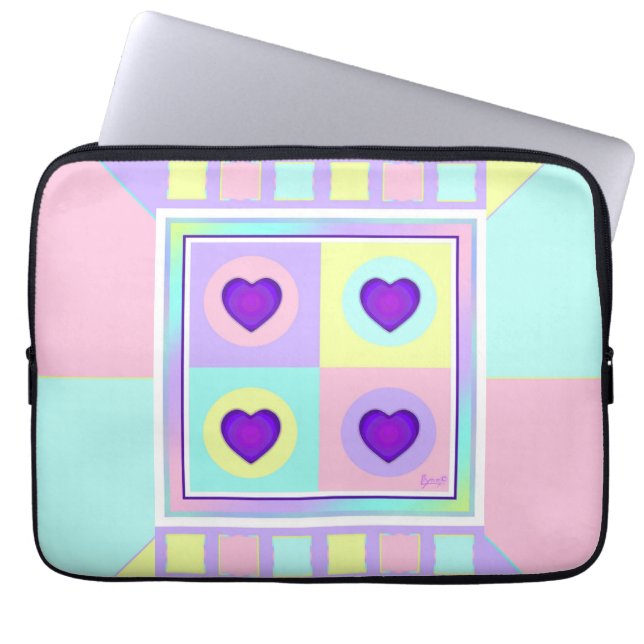 Pastel colors & purple hearts beating laptop sleeve (Front)