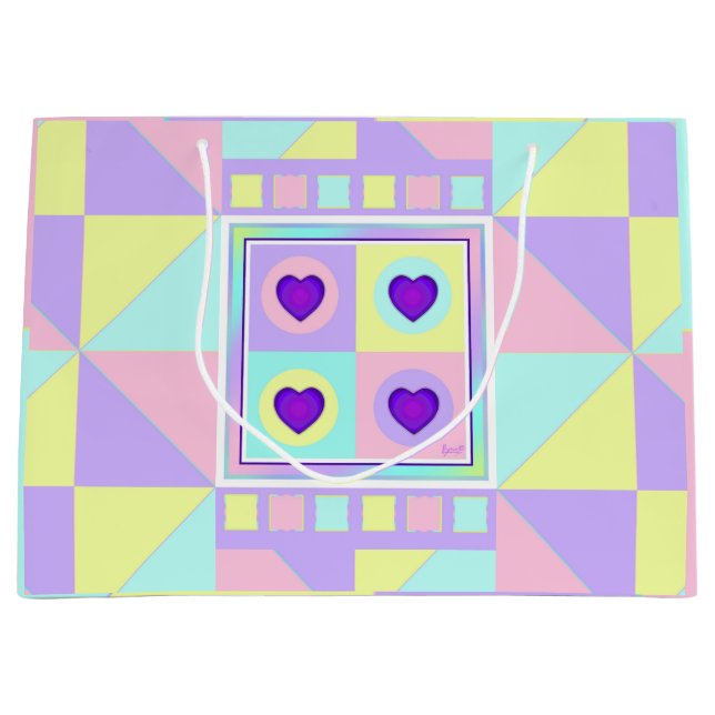 Pastel colors & purple hearts beating large gift bag (Front)