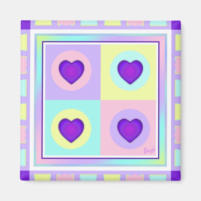 Pastel colors & purple hearts beating magnet (Front)