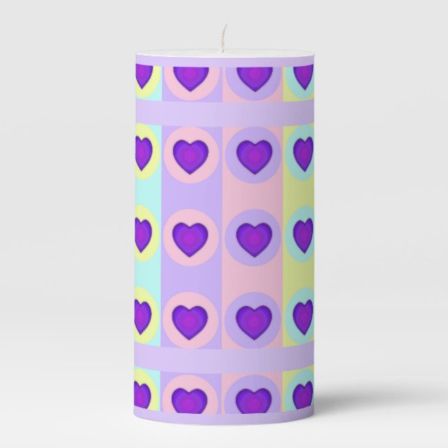 Pastel colors & purple hearts beating pillar candle (Front)