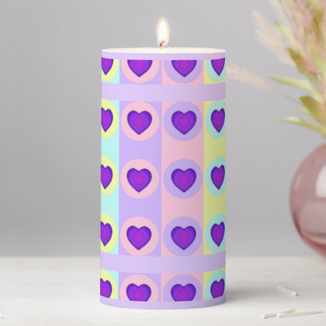 Pastel colors & purple hearts beating pillar candle (In Situ)
