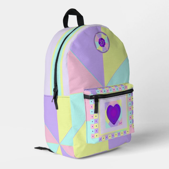 pastel colors & purple hearts beating printed backpack (Back Corner Left)