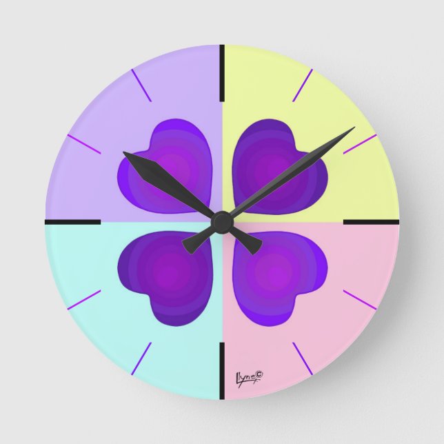 Pastel colors & purple hearts beating round clock (Front)