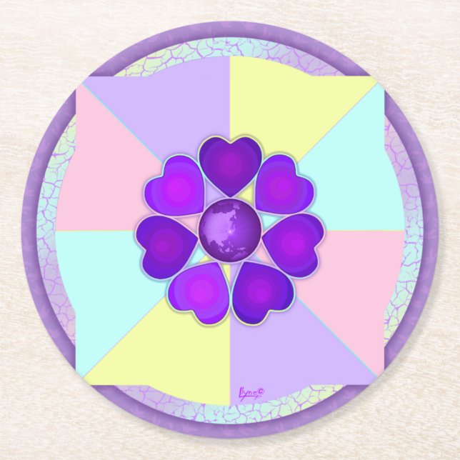 Pastel colors & purple hearts beating round paper coaster (Front)