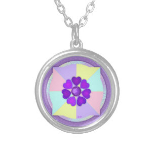 Pastel colors & purple hearts beating silver plated necklace