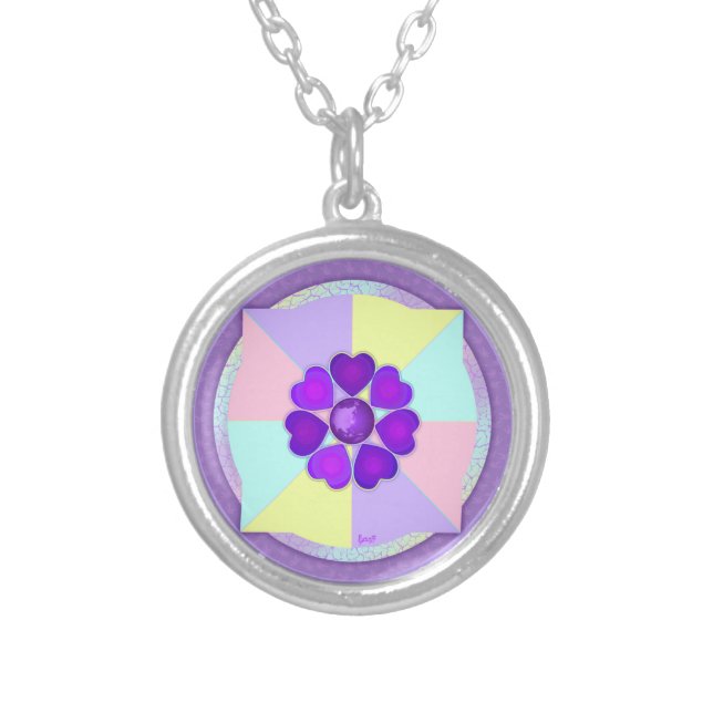 Pastel colors & purple hearts beating silver plated necklace (Front)