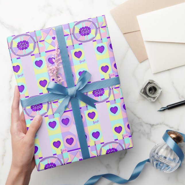 Pastel colors & purple hearts beating wrapping paper (Gifting)