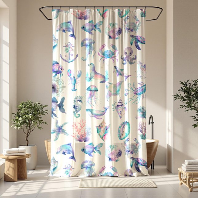 Pastel colors sea animals pattern shower curtain (Creator Uploaded)