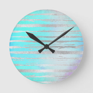 Pastel Colors Silver Detail Unicorn Rainbow Round Clock