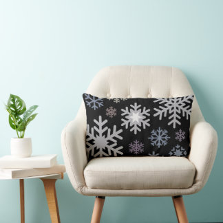 Pastel Colors Snowflakes on Black Background Lumbar Pillow