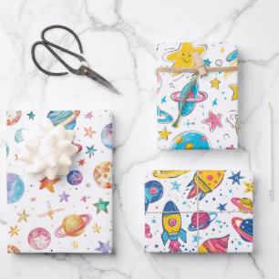 Pastel colors space planets on white background wrapping paper sheets