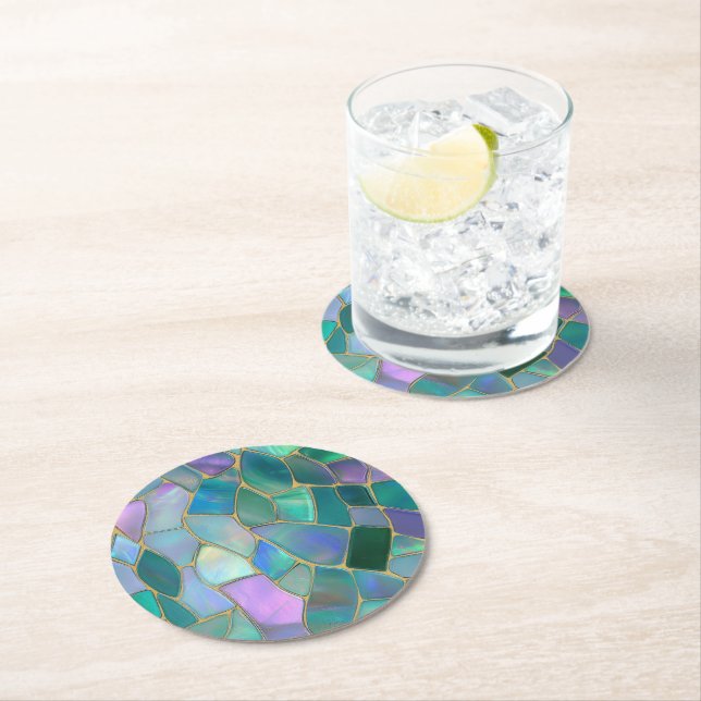 Pastel colors stained glass mosaic pattern round paper coaster (Insitu)